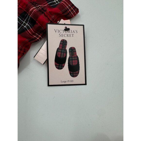 Victorias Secret Signature Satin Plaid Slippers & Drawstring Bag Set Red/Black - Picture 6 of 8